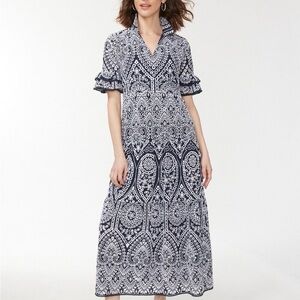 Chico’s Embroidered Eyelet Tiered Maxi Dress. Navy and white SZ 4 or sz 20/22